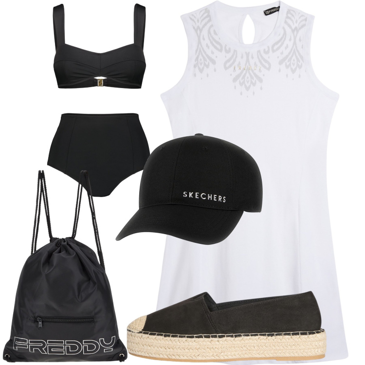 Outfit donna - B and W beach. Stile Basic per Mare. Abbinamento con espadrillas, vestiti midi/longuette, zaini, bikini, cappelli.