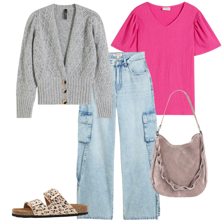 Outfit donna - Fresche serate anni ‘70. Stile Basic per Tutti i giorni. Abbinamento con borse a mano, cardigans, jeans, ciabatte, t-shirt.
