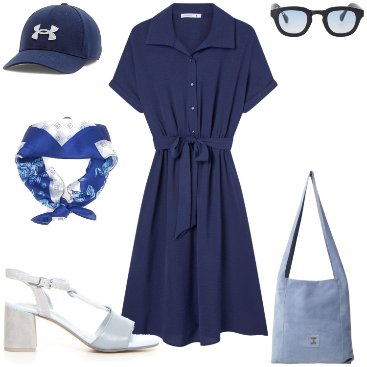 Outfit donna - Total look #2216055. Stile Trendy per Tutti i giorni. Abbinamento con vestiti chemisier, occhiali da sole, borse a tracolla, cappelli, foulard, sandali col tacco.