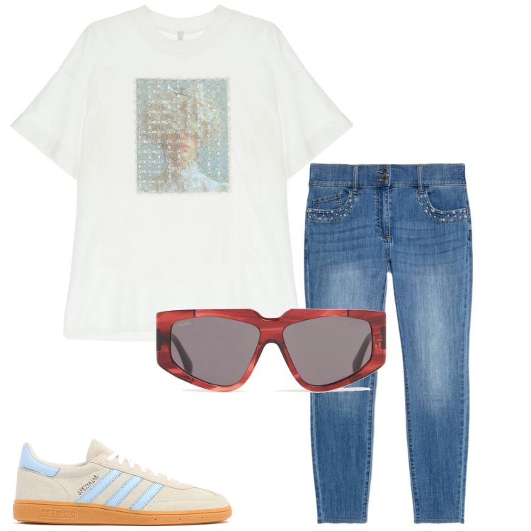 Outfit donna - Casual style. Stile Casual chic per Ufficio. Abbinamento con t-shirt, jeans skinny, sneakers, occhiali da sole.