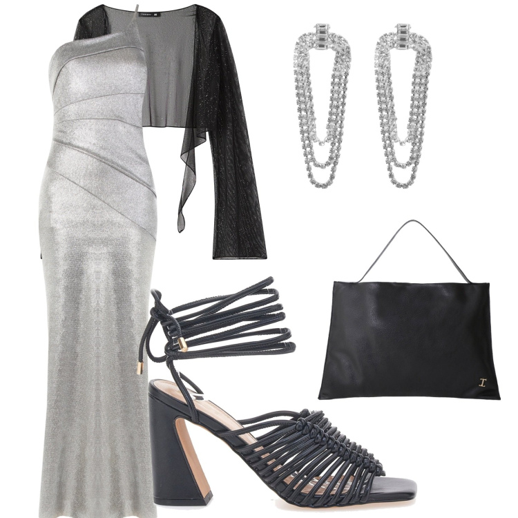 Outfit donna - Look elegante e formale. Stile Casual chic per Serata fuori. Abbinamento con orecchini, bolero, vestiti lunghi, borse a spalla, sandali col tacco.