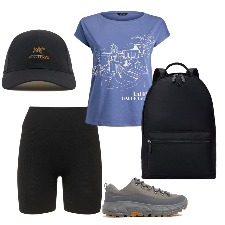 Outfit donna - Vacanza in montagna. Stile Basic per Tutti i giorni. Abbinamento con zaini, t-shirt, sneakers, shorts, cappelli.