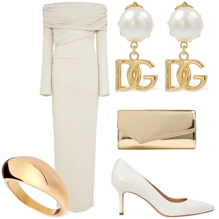 Outfit donna - La sposa di settembre. Stile Chic per Cerimonia. Abbinamento con décolleté, orecchini, pochette, anelli, vestiti midi/longuette.