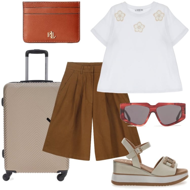 Outfit donna - In partenza. Stile Casual chic per Tutti i giorni. Abbinamento con t-shirt, portafogli, bermuda, sandali in pelle, valigie, occhiali da sole.