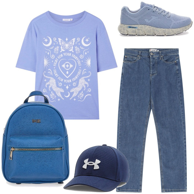 Outfit donna - Total look #2216071. Stile Casual per Scuola/Università. Abbinamento con t-shirt, jeans dritti, sneakers, zaini, cappelli.