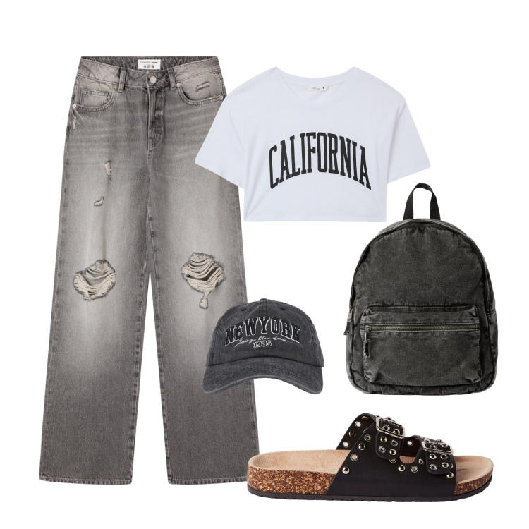 Outfit donna - Vacanza al mare!. Stile Romantica per Mare. Abbinamento con jeans strappati, cappelli, zaini, t-shirt, ciabatte.