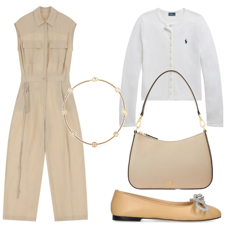 Outfit donna - Essenza urbana. Stile Basic per Ufficio. Abbinamento con tute, cardigans, borse a spalla, collane, ballerine.