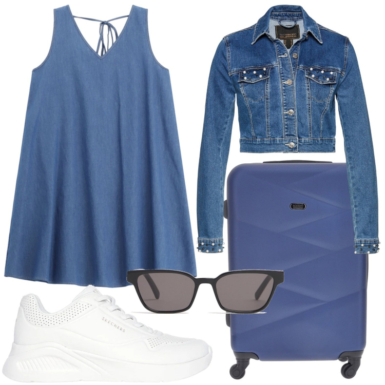 Outfit donna - L\'abito pratico. Stile Glamour per Mare. Abbinamento con blazer, vestiti corti, sneakers, valigie, occhiali da sole.