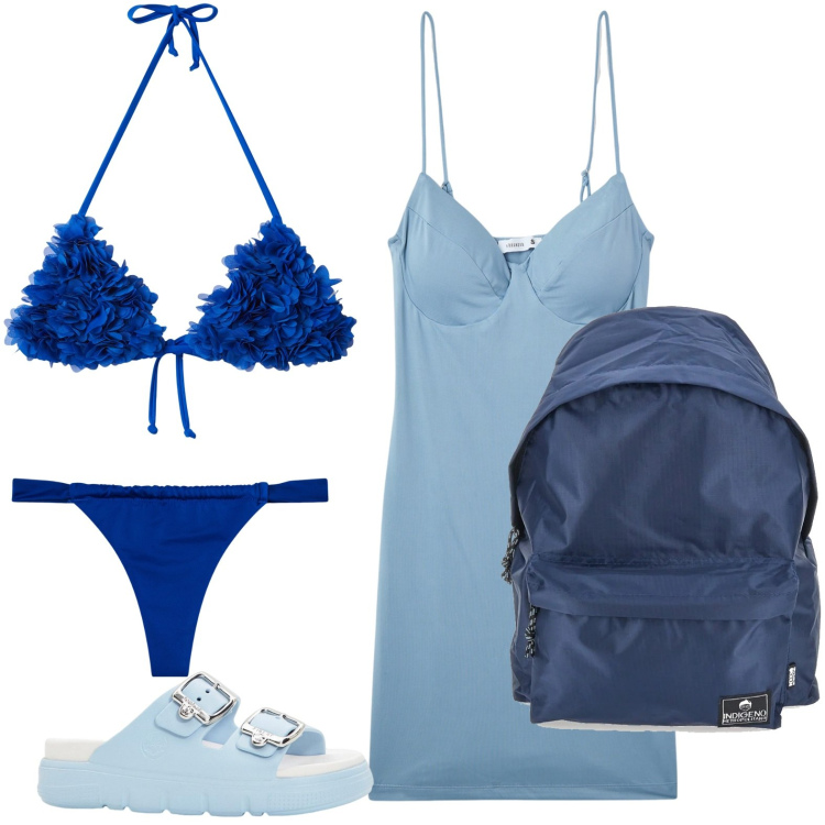 Outfit donna - Blu navy. Stile Minimal per Mare. Abbinamento con ciabatte, vestiti corti, bikini, bikini, zaini.