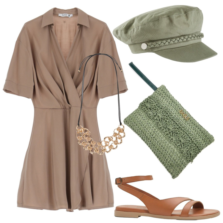 Outfit donna - Colori naturali. Stile Basic per Tutti i giorni. Abbinamento con sandali in pelle, cappelli, vestiti corti, collane, pochette.