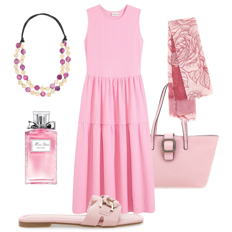 Outfit donna - Look in rosa. Stile Bon Ton per Tutti i giorni. Abbinamento con vestiti midi/longuette, profumi, ciabatte, foulard, borse a spalla, collane.