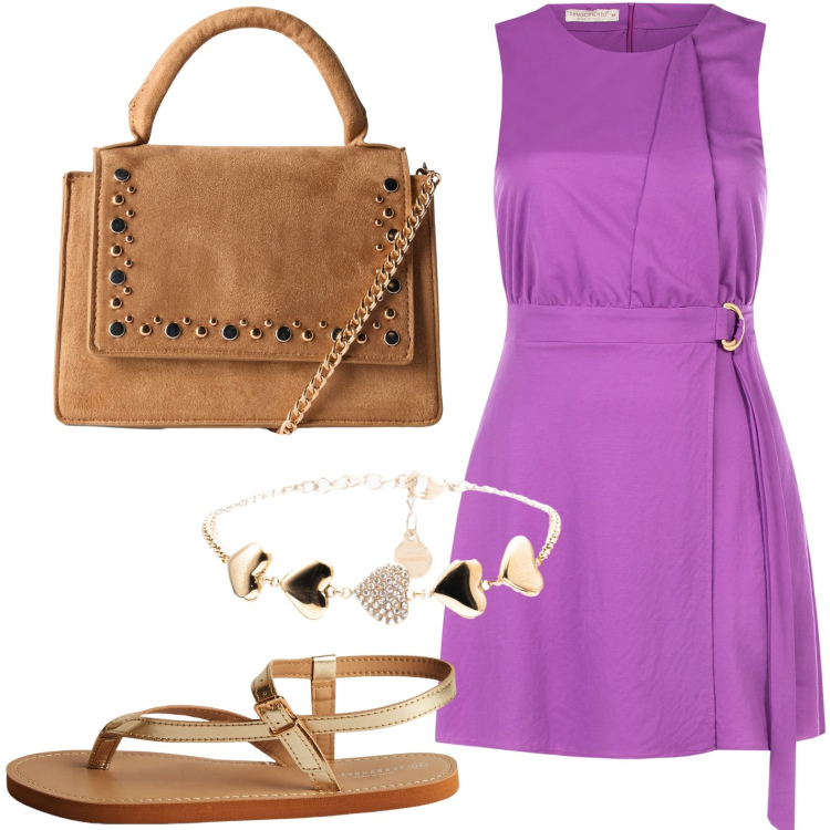 Outfit donna - Abito curvy. Stile Glamour per Serata fuori. Abbinamento con borse a tracolla, ciabatte, vestiti, braccialetti.