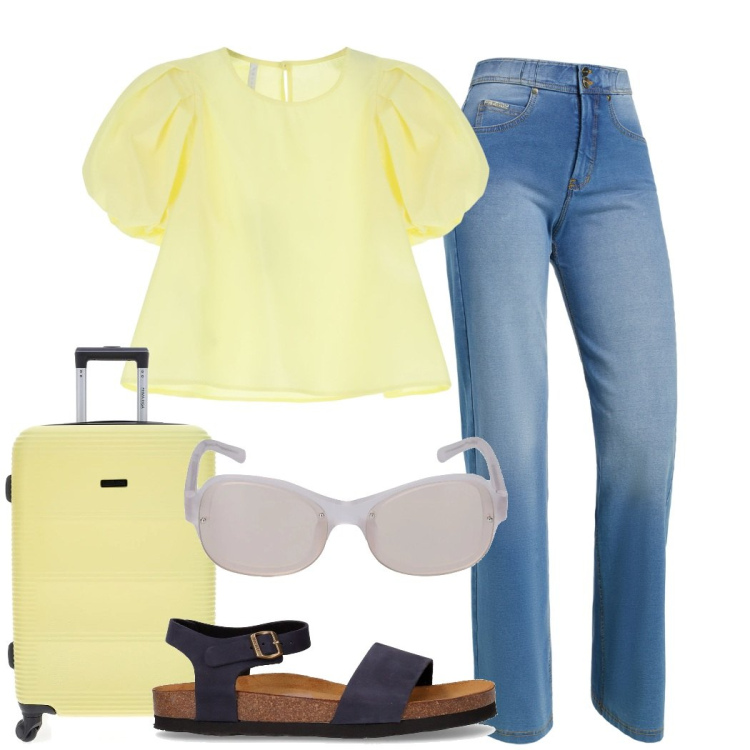 Outfit donna - Total look #2216092. Stile Casual chic per Tutti i giorni. Abbinamento con bluse, jeans, valigie, sandali, occhiali da sole.