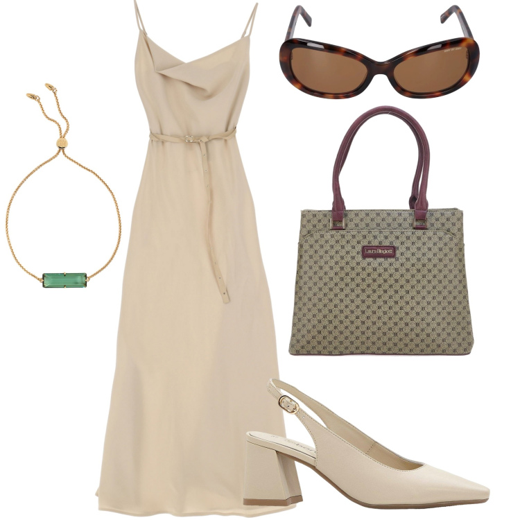 Outfit donna - L\'abito Imperial. Stile Boho per Serata fuori. Abbinamento con décolleté, vestiti lunghi, braccialetti, occhiali da sole, borse a spalla.