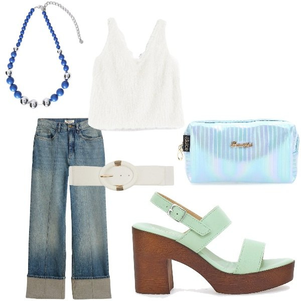 Outfit donna - Serata tra amici. Stile Casual chic per Serata fuori. Abbinamento con top, jeans dritti, cinture, zoccoli, valigie, collane.