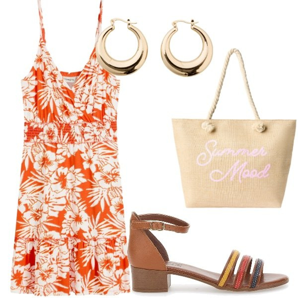 Outfit donna - Estate. Stile Casual per Tutti i giorni. Abbinamento con vestiti, orecchini, borse tote, sandali col tacco.