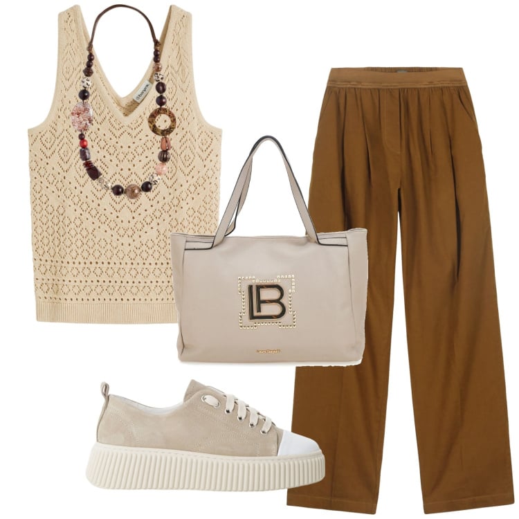 Outfit donna - Total look #2216108. Stile Etnico per Tutti i giorni. Abbinamento con top, sneakers, pantaloni, collane, borse a spalla.