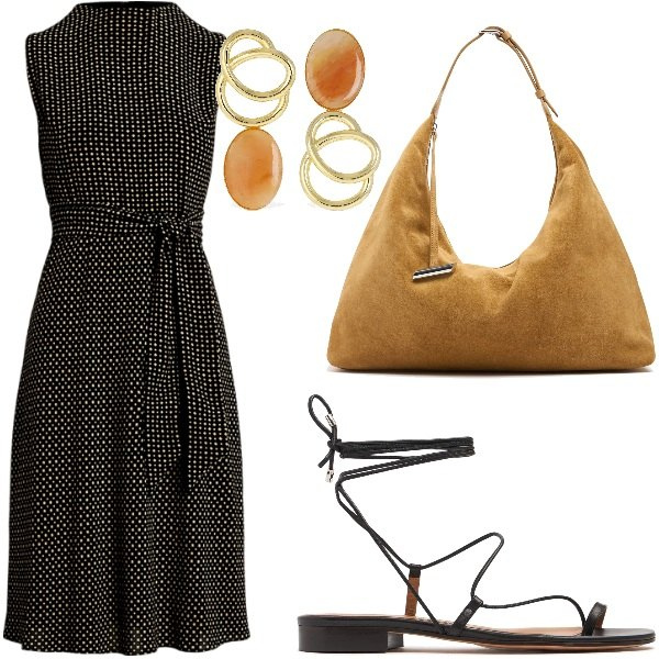 Outfit donna - A cena fuori. Stile Casual chic per Serata fuori. Abbinamento con vestiti, orecchini, borse a spalla, sandali in pelle.
