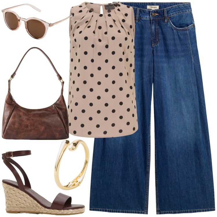 Outfit donna - Pois & Denim. Stile 70s per Tutti i giorni. Abbinamento con top, jeans, sandali, borse a mano, braccialetti, occhiali da sole.