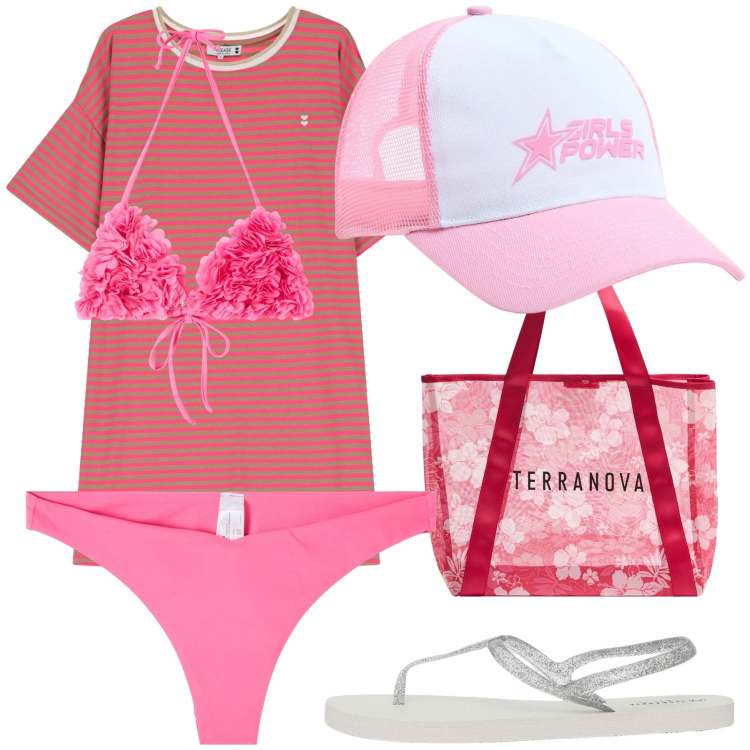 Outfit donna - Spiaggia libera. Stile Basic per Mare. Abbinamento con sandali, bikini, cappelli, shopping bag, bikini, vestiti corti.
