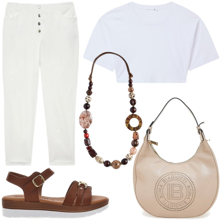 Outfit donna - Crop top bianco e accessori naturali. Stile Minimal per Tutti i giorni. Abbinamento con t-shirt, pantaloni, borse a spalla, sandali, collane.