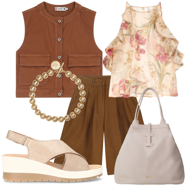 Outfit donna - Ufficio gilet blusa bermuda. Stile Urban per Ufficio. Abbinamento con gilet, canottiere, borse tote, braccialetti, bermuda, sandali col tacco.