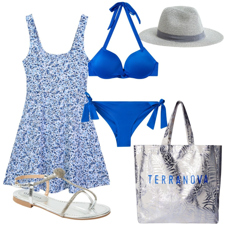 Outfit donna - Terranova -Vacanze in Riviera. Stile Casual chic per Mare. Abbinamento con vestiti corti, cappelli, borse tote, bikini, ciabatte, bikini.