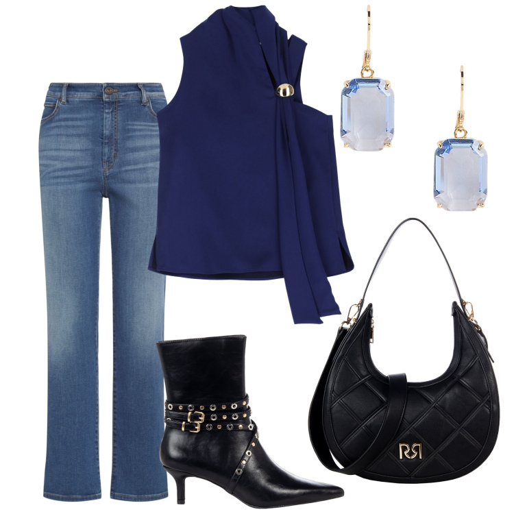 Outfit donna - Per la sera. Stile Casual per Tutti i giorni. Abbinamento con borse a tracolla, stivaletti, top, orecchini, jeans dritti.