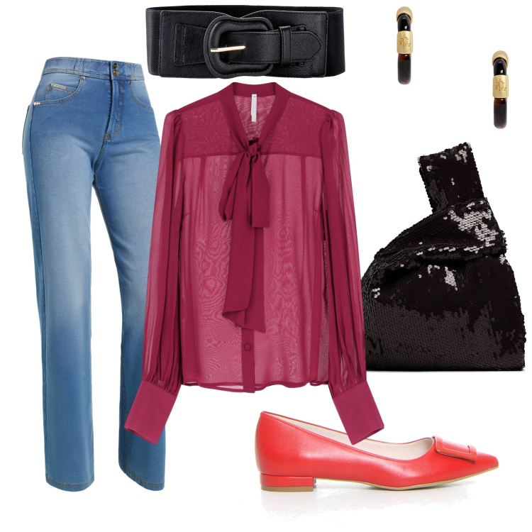 Outfit donna - Una camicia per la sera. Stile Casual per Tutti i giorni. Abbinamento con cinture, camicie, jeans, orecchini, ballerine, pochette.