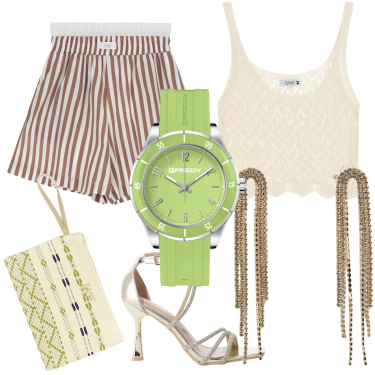 Outfit donna - Cocktail time. Stile Sexy per Serata fuori. Abbinamento con orecchini, top, sandali col tacco, pantaloni corti, orologi, pochette.