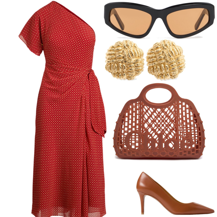 Outfit donna - Pomeriggio chic in città. Stile Bon Ton per Tutti i giorni. Abbinamento con décolleté, vestiti asimmetrici, occhiali da sole, orecchini, borse a mano.