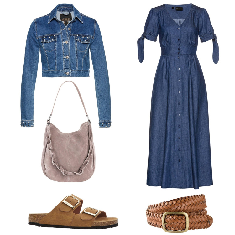 Outfit donna - Il vestito di jeans. Stile 70s per Tutti i giorni. Abbinamento con vestiti, cinture, borse a mano, blazer, ciabatte.