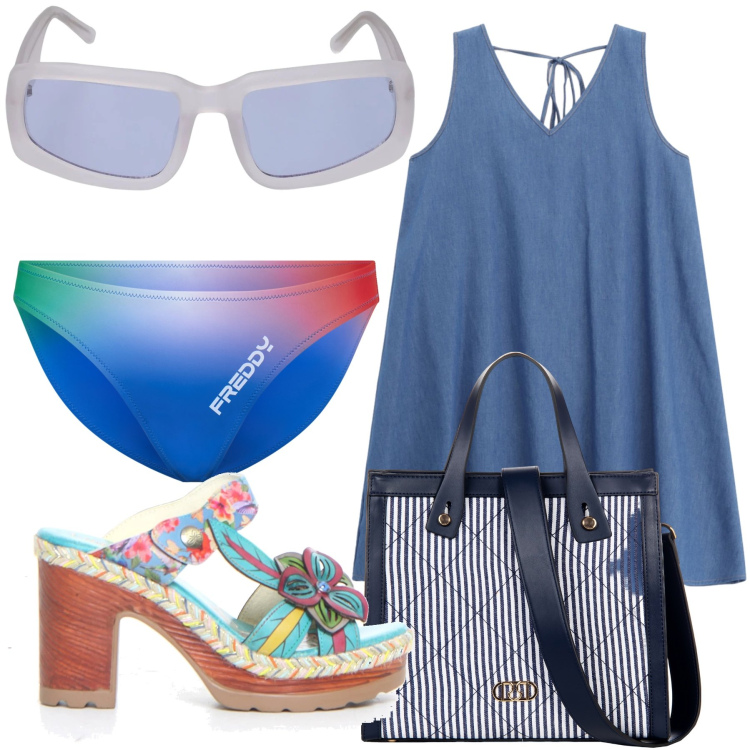 Outfit donna - Sul lungomare. Stile Trendy per Mare. Abbinamento con shopping bag, vestiti corti, bikini, occhiali da sole, ciabatte.