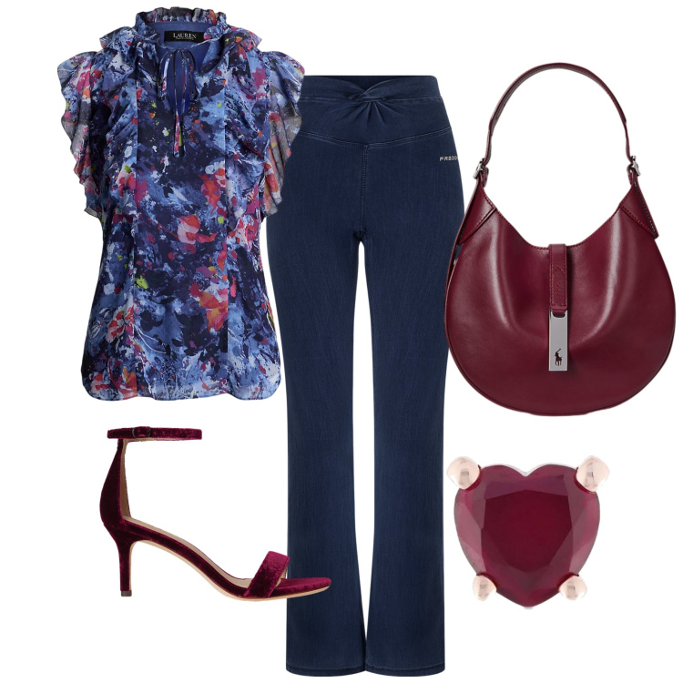 Outfit donna - Una cena al ristorante. Stile Casual per Tutti i giorni. Abbinamento con jeggings, top, sandali in pelle, borse a spalla, orecchini.