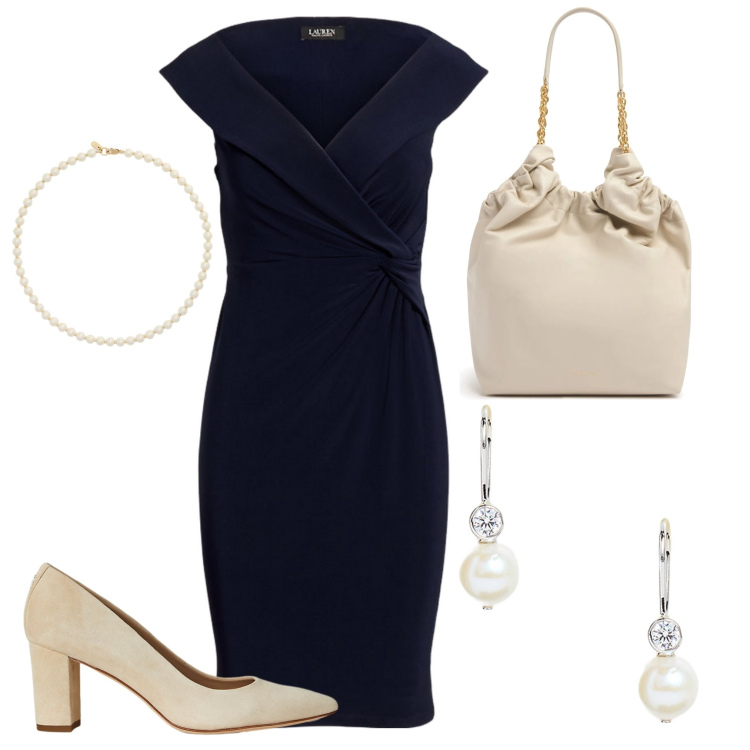 Outfit donna - Con le perle. Stile Chic per Serata fuori. Abbinamento con décolleté, collane, vestiti, orecchini, borse tote.