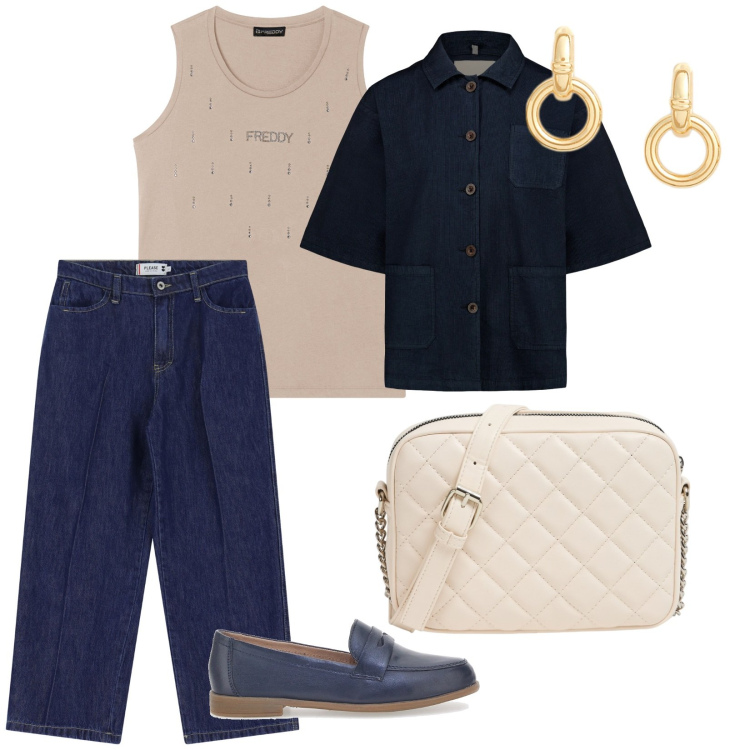 Outfit donna - In gita. per Tutti i giorni. Abbinamento con borse a tracolla, jeans, canottiere, orecchini, mocassini, blazer.