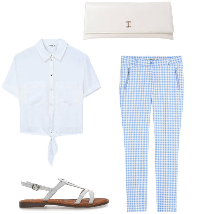Outfit donna - Anni 60 Summer edition. Stile Vintage retrò per Tutti i giorni. Abbinamento con pantaloni, camicie a manica corta, pochette, sandali in pelle.