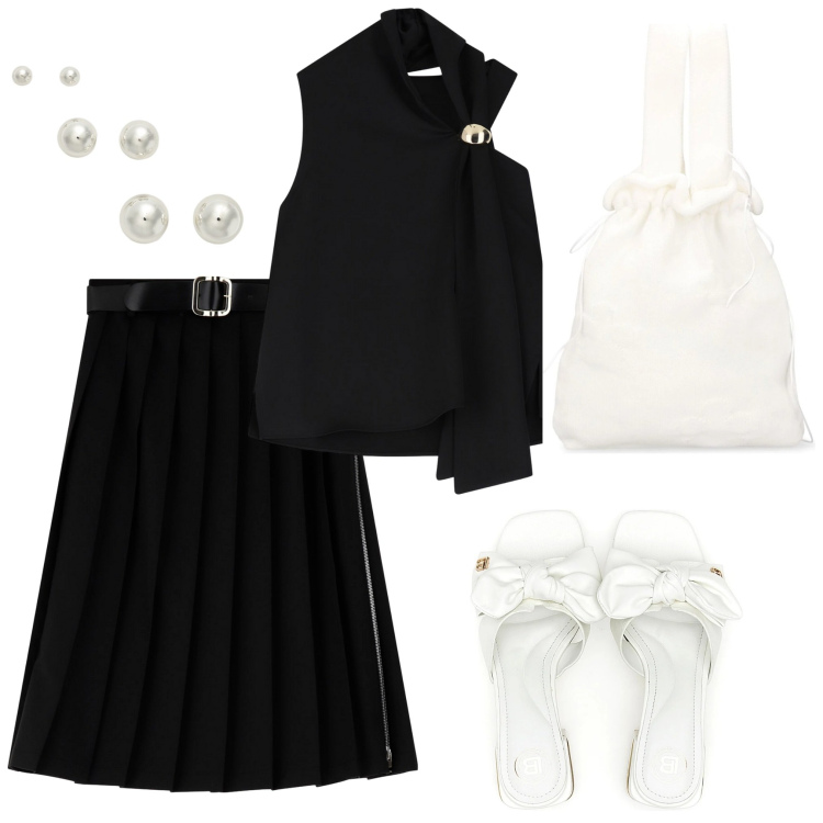 Outfit donna - Gonna lunga e top. Stile Bon Ton per Serata fuori. Abbinamento con gonne longuette, top, orecchini, ciabatte, borse a mano.