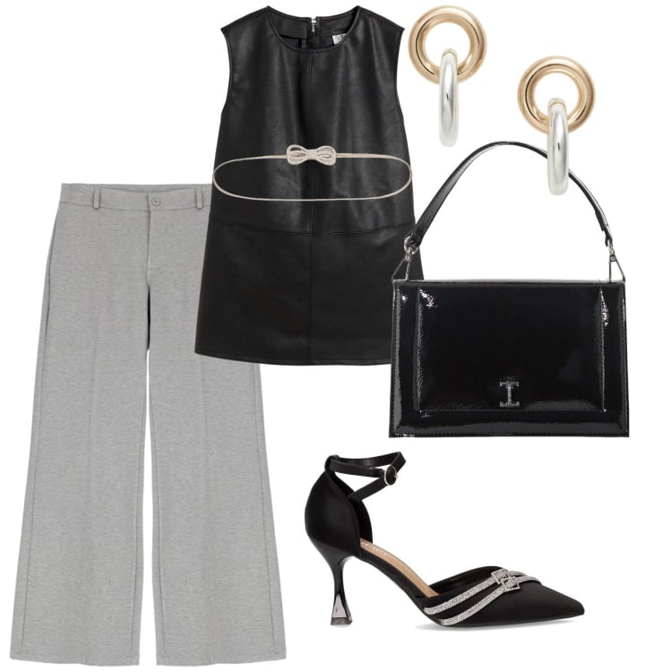 Outfit donna - Cena fuori. per Serata fuori. Abbinamento con top, cinture, pantaloni a palazzo, borse a tracolla, orecchini, décolleté.