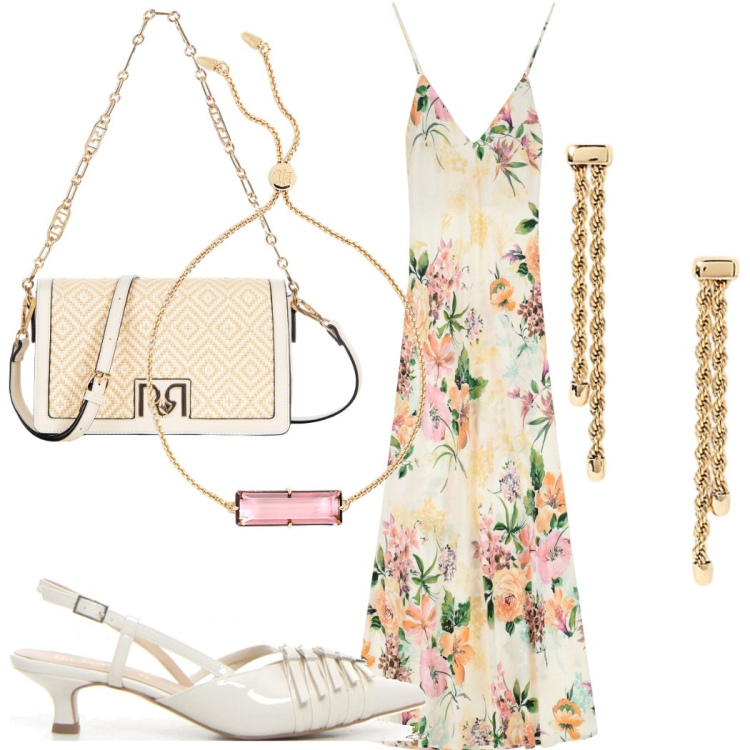 Outfit donna - Party. Stile Romantica per Serata fuori. Abbinamento con borse a tracolla, vestiti lunghi, orecchini, braccialetti, décolleté.