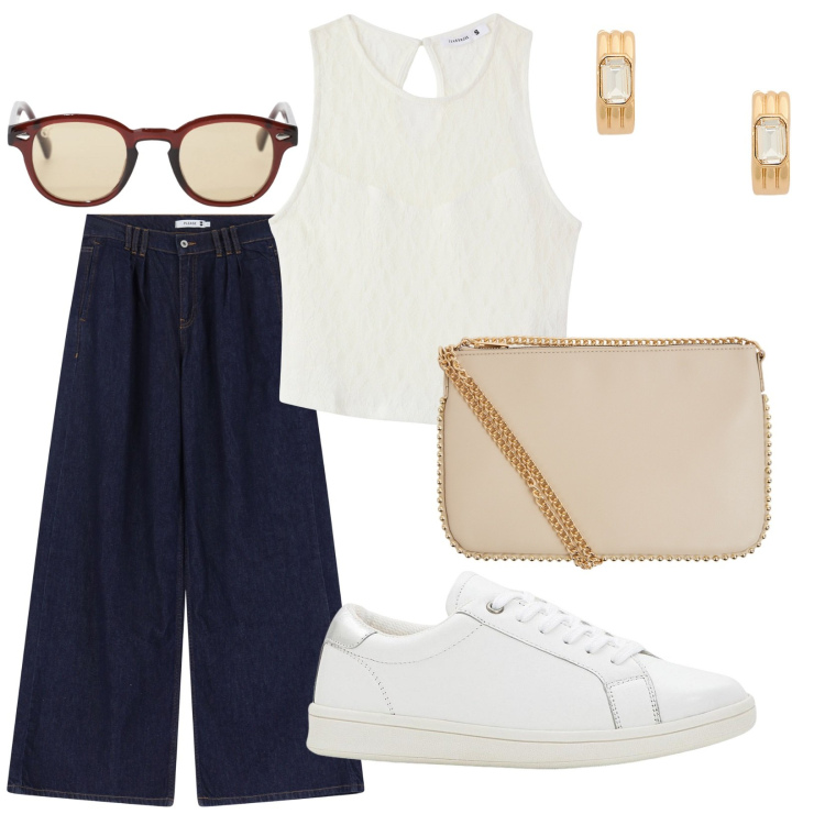 Outfit donna - Agosto in città. per Tutti i giorni. Abbinamento con sneakers, borse a tracolla, top, jeans, occhiali da sole, orecchini.