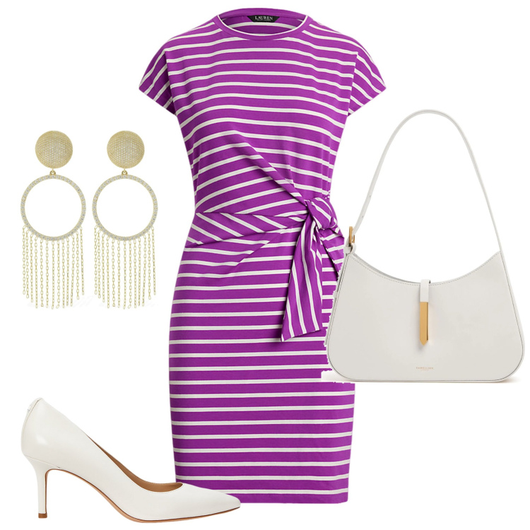 Outfit donna - L\'abito a righe. Stile Casual chic per Tutti i giorni. Abbinamento con décolleté, vestiti, borse a spalla, orecchini.