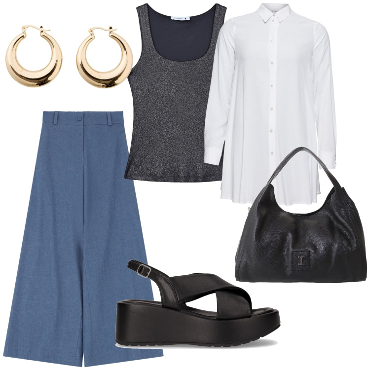 Outfit donna - Pomeriggio al bar. per Tutti i giorni. Abbinamento con camicie, orecchini, top, jeans, pochette, sandali.