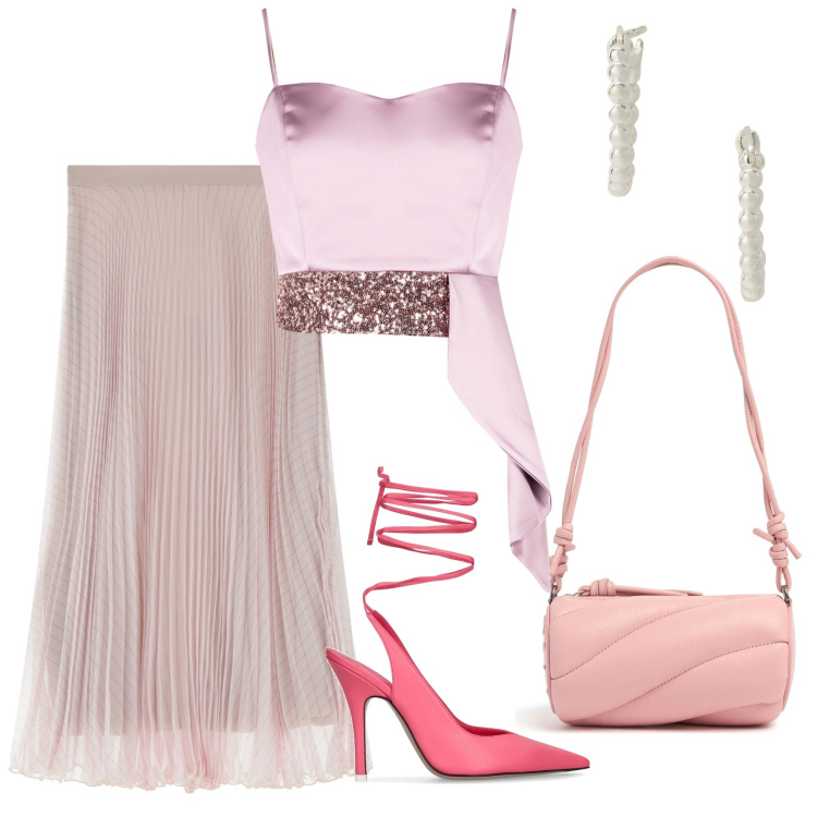 Outfit donna - Serata cocktail. Stile Glamour per Serata fuori. Abbinamento con top, gonne, orecchini, décolleté, borse a spalla.
