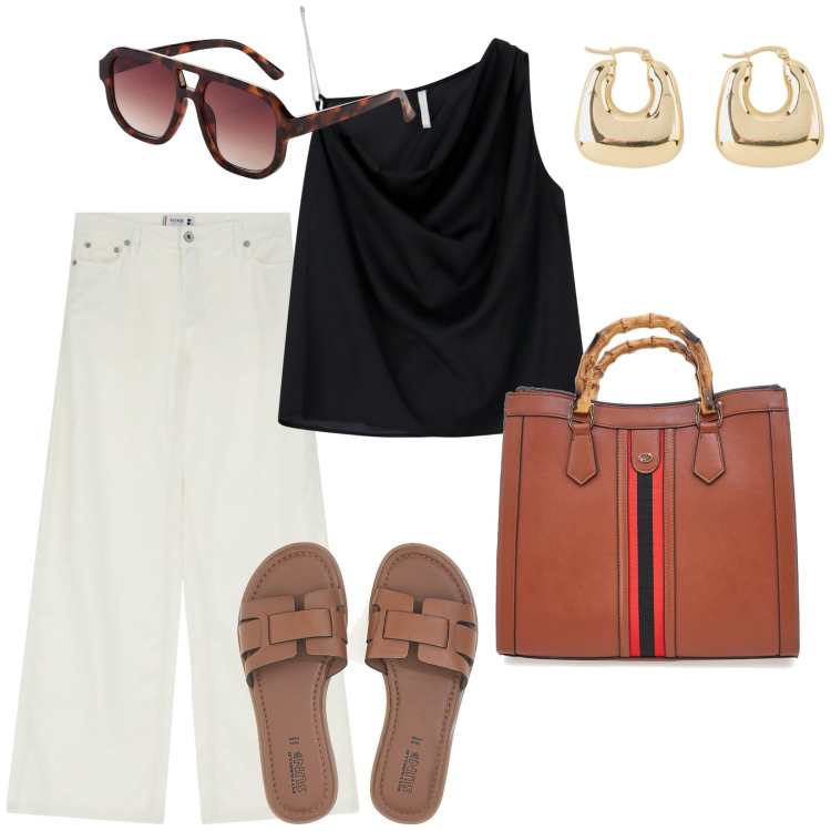 Outfit donna - In metro. per Tutti i giorni. Abbinamento con orecchini, occhiali da sole, pantaloni a palazzo, top, borse a tracolla, ciabatte.
