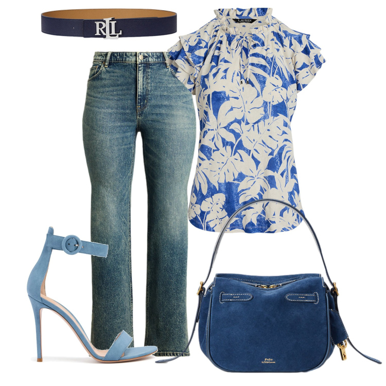 Outfit donna - Serata in jeans. Stile Casual chic per Tutti i giorni. Abbinamento con cinture, top, borse a mano, jeans, sandali in pelle.