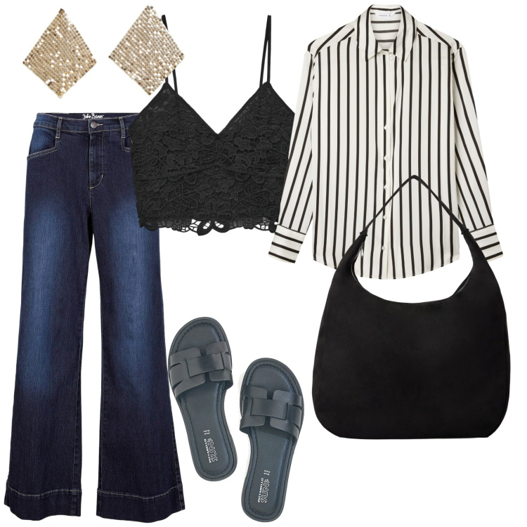 Outfit donna - Uscita tra amiche. per Serata fuori. Abbinamento con jeans, camicie, borse a mano, top, orecchini, ciabatte.