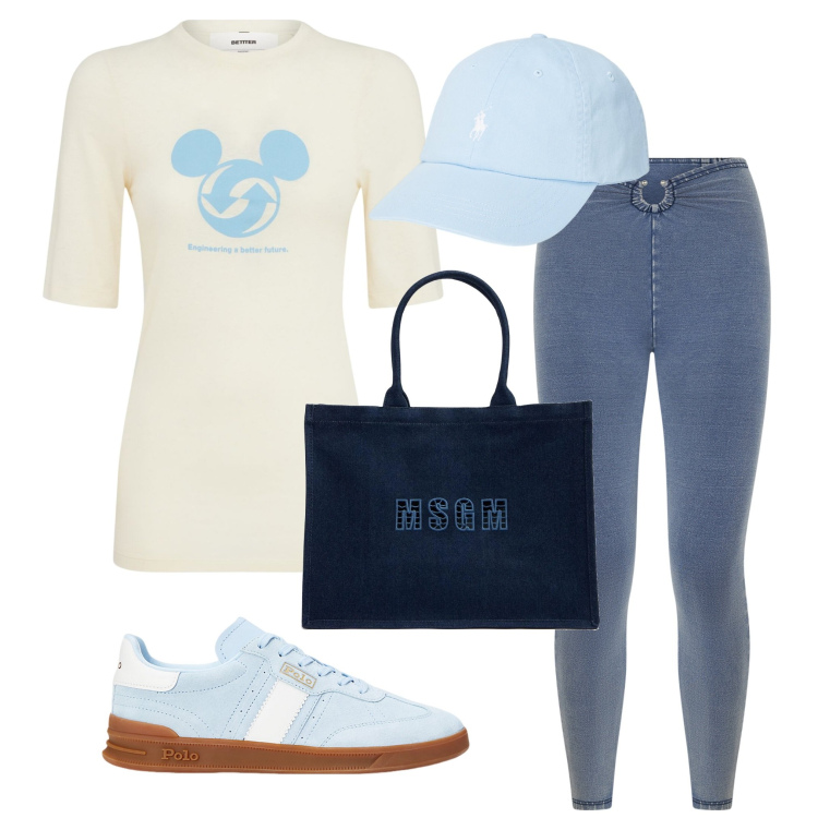 Outfit donna - Un po\' sportiva. Stile Sporty chic per Sport. Abbinamento con jeggings, cappelli, sneakers, shopping bag, t-shirt.