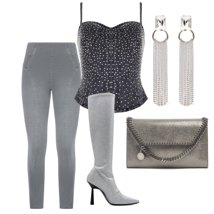 Outfit donna - In discoteca. Stile Sexy per Serata fuori. Abbinamento con top, jeggings, orecchini, stivali, pochette.
