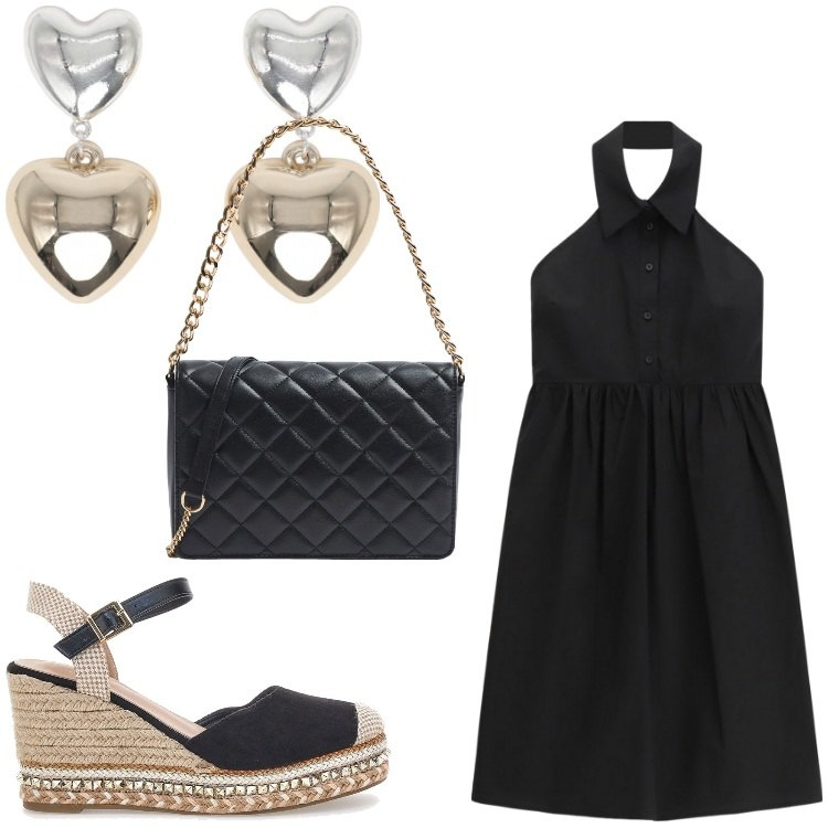 Outfit donna - Che bel vestito. Stile Chic per Serata fuori. Abbinamento con orecchini, borse a tracolla, vestiti midi/longuette, zeppe.